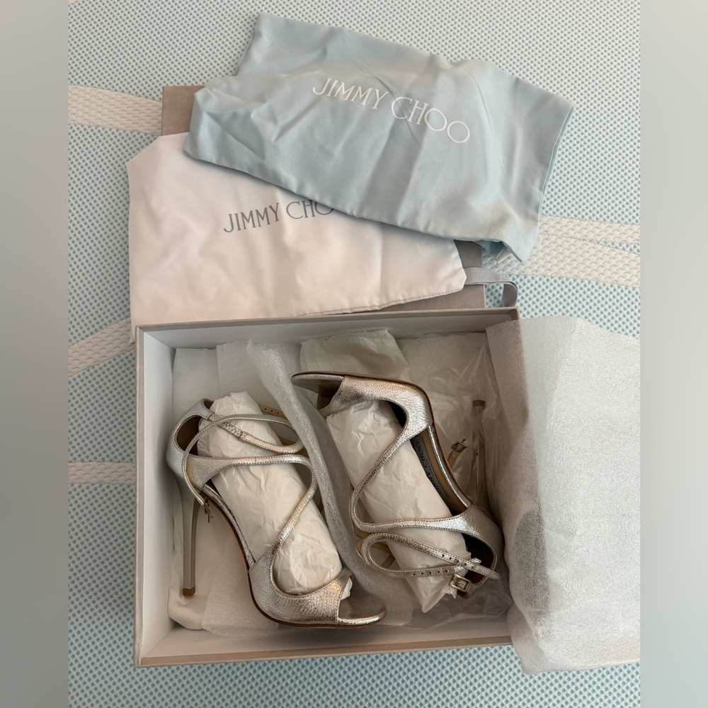 Jimmy Choo Lance Glitter Leather Heels in Champagne size 36